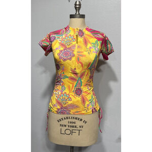 Johnny Was JWLA Sunshine and Flamingo Drawstring Surf Swim Shirt XS Yellow